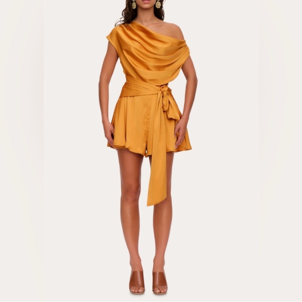 Off-Shoulder Satin Wrap Romper in Mustard